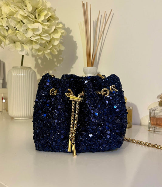 Sac bourse à sequins bleu marine